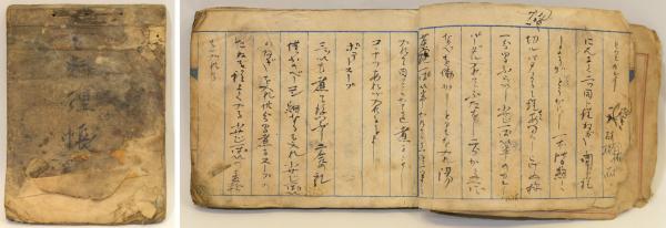 写真左：江渡家の書庫で発見された「料理帳」　写真右：「料理帳」に書かれた「カレイ」と「ポテトスープ」のレシピ（資料提供：江渡雪子さん)