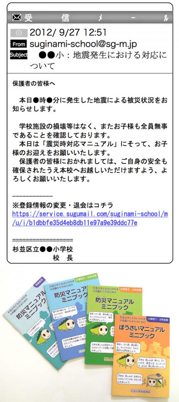 写真上：「災害時子ども安全連絡網」で届くメールの例<br> 写真下：家庭や児童に配られる「防災マニュアルミニブック」