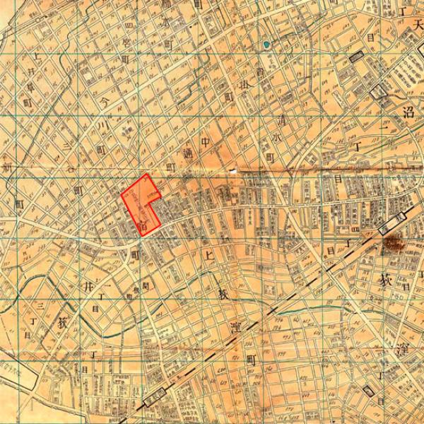 昭和8年当時の地図。赤線で囲まれた部分が中島飛行機 東京工場