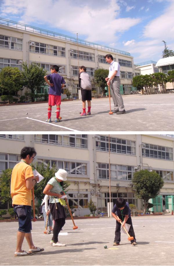 上：和田小学校の先生と児童　下：２家族の参加者