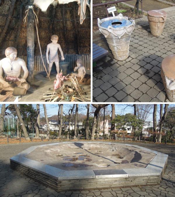 写真上左：竪穴住居の中で見られる縄文人の様子<br>写真上右：土器の形をしたユニークないすなど<br>写真下：縄文中期の住居跡（復元）