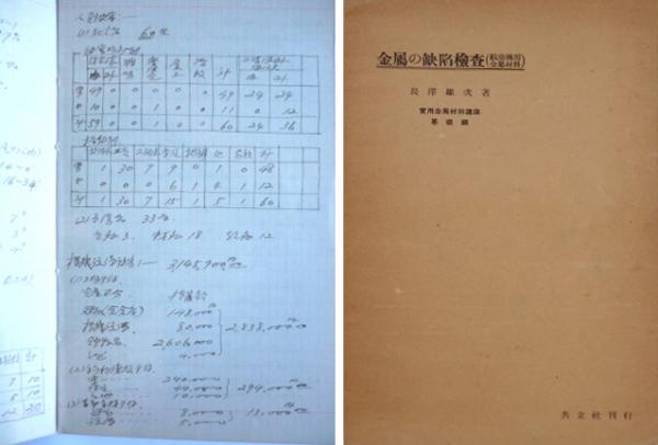 写真左：武蔵製作所の空爆被害を書いた雄次さんの手帳<br>写真右：『金属の缺陥検査』長澤雄次著（写真提供：長澤癸行さん）