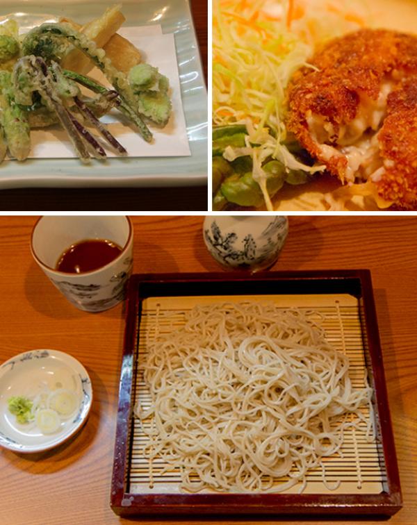 おすすめ料理の山菜天ぷら、カニクリームコロッケ、自家製の手打ちそば
