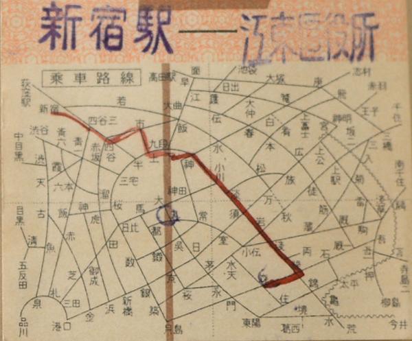 都電の定期券面に印刷された路線図。荻窪から東京東部まで都電でつながっていたことが分かる（資料提供：伊藤昭久さん）