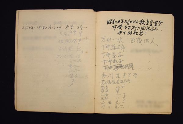 参列者の名簿。弥三郎だけでなく、家族の名前も連なる帳面からは、家族ぐるみでの狄嶺との交流が推測される（資料提供：杉並区立郷土博物館）