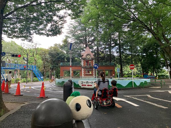 交通公園のゴーカートのコースには、信号機や標識、横断歩道などがあり、本物の公道のよう