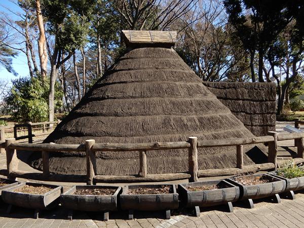 縄文時代中期の復元住居。中には当時の生活風景が再現されている