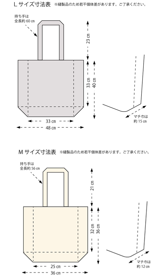 サイズ表。どちらのトートバッグもマチ幅たっぷり