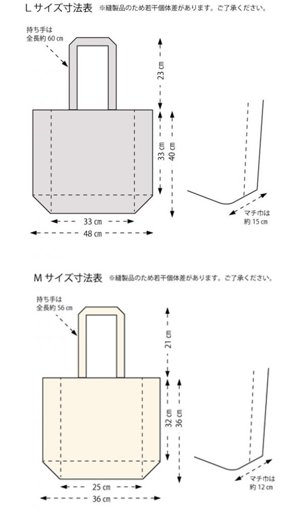 サイズ表。どちらのトートバッグもマチ幅たっぷり