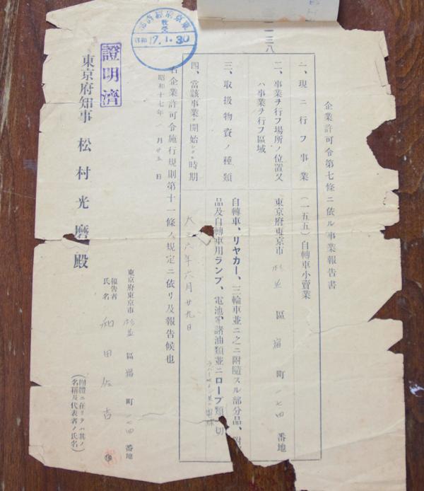 1942（昭和17）年の事業報告書には、「東京府東京市杉並区宿町174番地」という住所や事業の開始時期などが書かれている