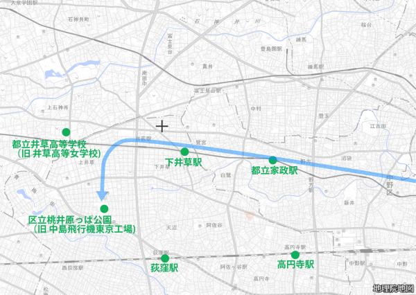 証言から推測される米軍機の飛行ルート（出典：「地理院地図」（国土地理院）に加筆）