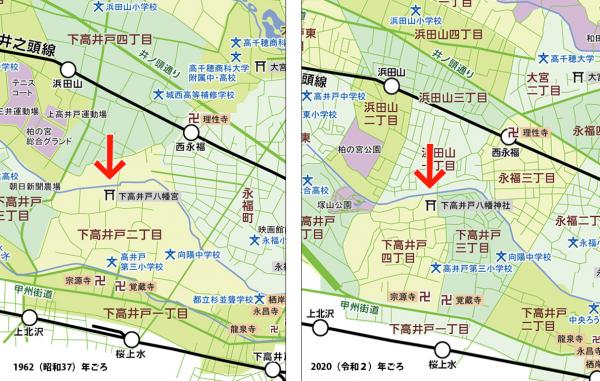 左は1962年ごろ、右は2020（令和２）年ごろの杉並の地図（部分）