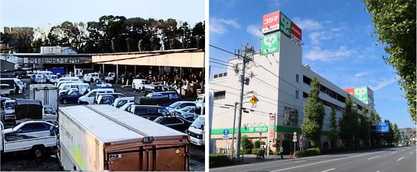 杉並分場は2003（平成15）年４月に廃止された。<br>写真左：杉並分場（写真提供：東京新宿青果株式会社）<br>写真右：分場跡地の商業施設（サミット・コジマ）