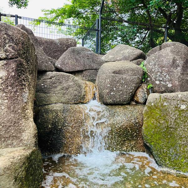 大きな岩に囲まれたところから、水が流れている