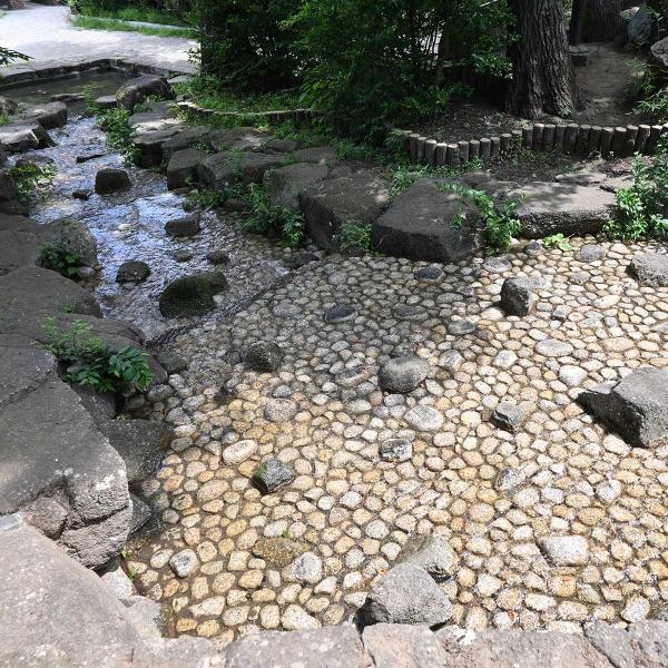 流れの上流と下流、どちらにも広めのじゃぶじゃぶ池がある