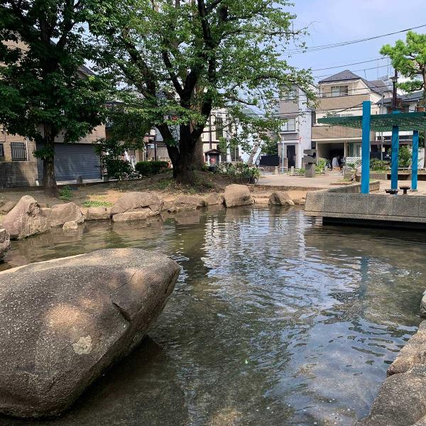 ゆったりとした流れの終点は、幼児もジャブジャブ遊べる池になっている