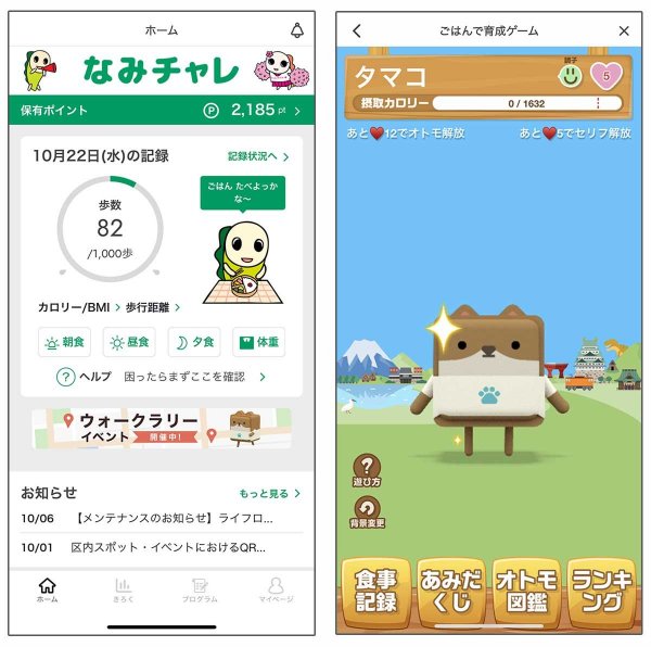 左：ホーム画面。なみすけのイラストが時間帯によって変化<br>右：「ごはんで育成ゲーム」の画面