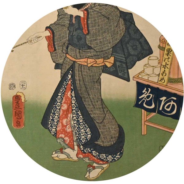 「江戸名所 百人美女 堀の内祖師堂」（杉並区立郷土博物館所蔵）部分。着物・帯・草履のアップ