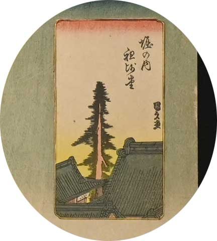 「江戸名所 百人美女 堀の内祖師堂」（杉並区立郷土博物館所蔵）部分。妙法寺のこま絵