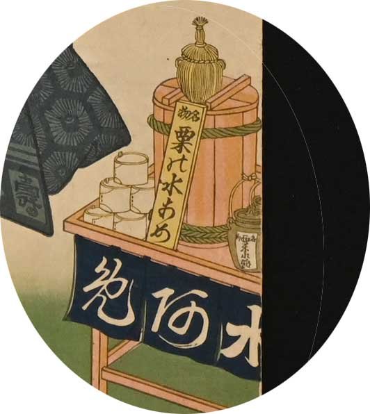 「江戸名所 百人美女 堀の内祖師堂」（杉並区立郷土博物館所蔵）部分。台の上にわっぱが重なっている