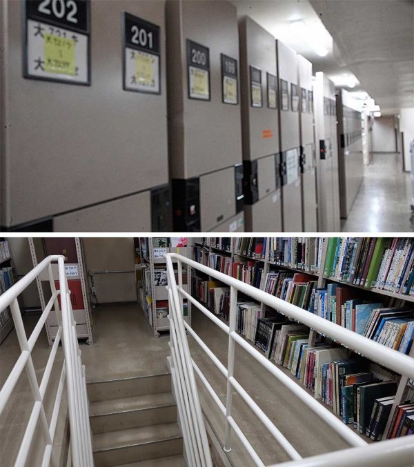 職員が上階と頻繁に行き来する、地下の保存庫