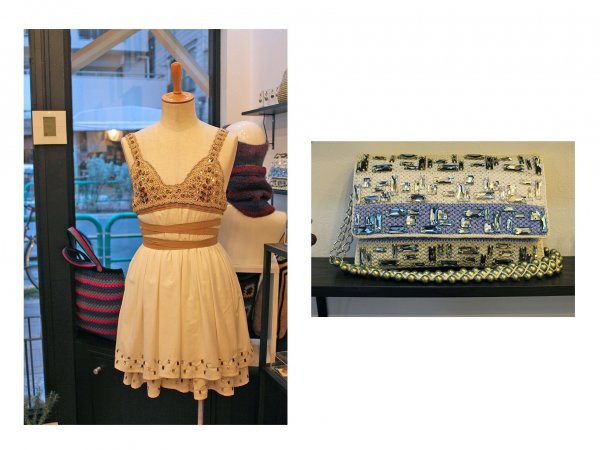 スワロフスキーとのコラボレーションで制作したドレス（左）とバッグ（右）