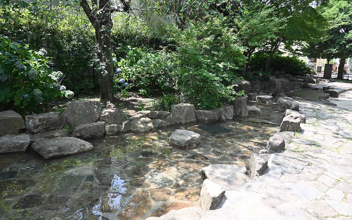 水遊び用のおもちゃを楽しめそうな大きなじゃぶじゃぶ池